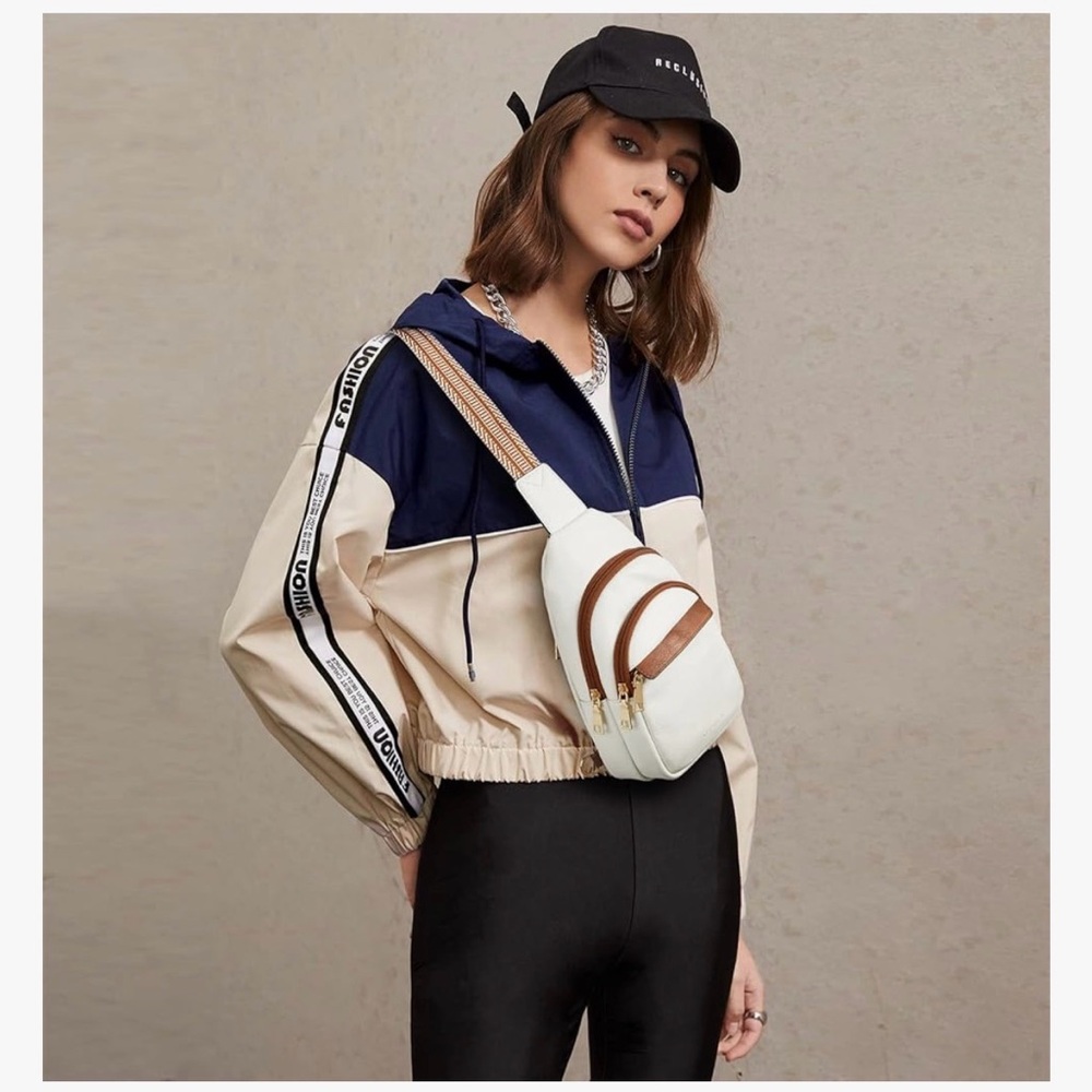 Women’s White Crossbody Sling Bag with Brown Trim and Patterned Strap